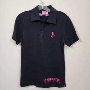 Vintage Penthouse golf pink embroidered polo 1/4‎ button front woman's size med